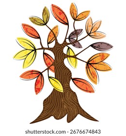 Árbol estilizado del otoño aislado en un fondo blanco, historieta del otoño, Ilustración vectorial