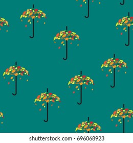 autumn stylized umbrella with colorful leaves seamless pattern