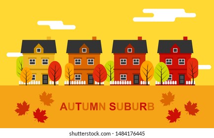 Autumn suburb or countryside landscape vector illustration isolated on yellow background.