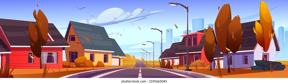 Autumn suburban district with cottages stand along road perspective view. Countryside landscape with residential houses and modern buildings panoramic cityscape background, Cartoon vector