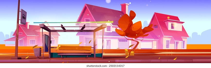 Autumn suburban landscape with cozy houses on neighborhood street, pedestrian and bus stop, trees with orange leaves and grass. Cartoon vector illustration of fall season suburb or village cityscape.