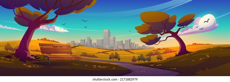 Autumn Suburban Landscape With Road, Wooden Bench And Urban Skyline. Vector Cartoon Illustration Of Nature Scene With Hills And Trees In Fall, Blue Sky, White Clouds And City Buildings In Horizon