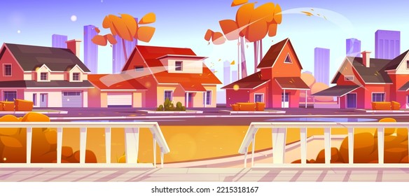 Autumn suburban street with cottages view from house terrace with wooden porch and railings. Residential district with cozy homes along road with bright colorful trees, Cartoon 2d vector illustration
