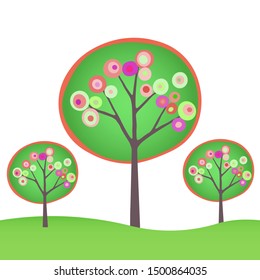 Autumn and summer floral illustration with colorful tree on white background. Trend color card. Template design for invitation, poster, postcard,  wallpaper, fabric, textile. Eco concept. 