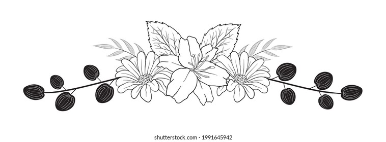 Autumn Summer Flower Foliage Decorative  Hand Draw Doodle One Color Monochrome