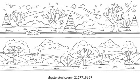 Autumn and summer landscape abstract concept. Linear coloring book with park, trees, lantern, path, leaves and plants. Antistress sketch for children and adults. Cartoon flat vector illustration
