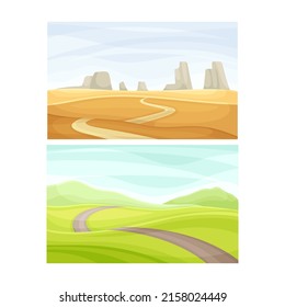 Autumn and summer landscape. Rural yellow and green field and road vector illustration