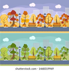 Autumn and summer park panorama vector background, banner. City, public garden, square, acreage, plaza with yellow and red, green trees, and outdoor benches. Empty street tree path, road, landscape.