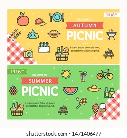 Autumn and Summer Picnic Banner Horizontal Set with Color Outline Icons Include of Food Elements. Vector illustration of Banners Cards