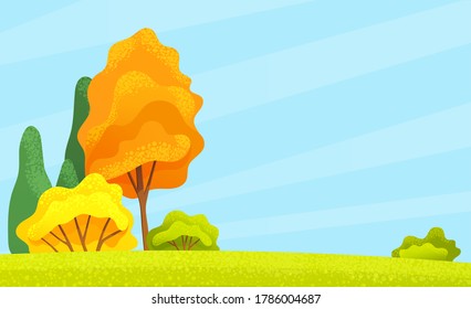 Autumn or summer season cartoon country landscape with green field or meadow in front of the forest. Lovely rural nature vector illustration. High trees and fir-trees, lush bushes blue sky background