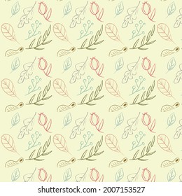 Autumn, summer, spring pattern in light, pastel colors. Leaves, flower