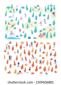 Autumn and summer vector park background. Various people at park. Seasons changing. Leisure outdoor activities - walking, playing with ball, jogging, reading, picnic lunch in park. Flat Cartoon style.
