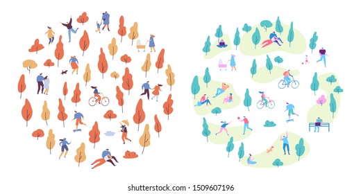 Autumn and summer vector park background. Various people at park. Seasons changing. Leisure outdoor activities - walking, playing with ball, jogging, reading, picnic lunch in park. Flat Cartoon style.
