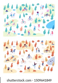 Autumn and summer vector park background. Various people at park. Seasons changing. Leisure outdoor activities - walking, playing with ball, jogging, reading, picnic lunch in park. Flat Cartoon style.