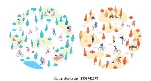 Autumn and summer vector park background. Various people at park. Seasons changing. Leisure outdoor activities - walking, playing with ball, jogging, reading, picnic lunch in park. Flat Cartoon style.