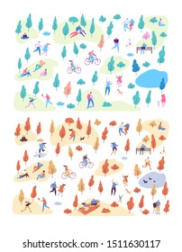 Autumn and summer vector park background. Various people at park. Seasons changing. Leisure outdoor activities - walking, playing with ball, jogging, reading, picnic lunch in park. Flat Cartoon style.