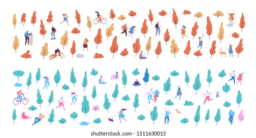 Autumn and summer vector park horizontal banners. Various people at park. Seasons changing. Leisure outdoor activities - walking, playing with ball, jogging, reading, picnic lunch in park. 