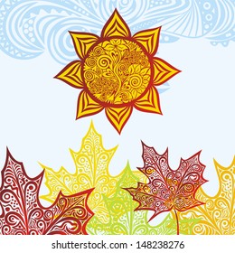 Autumn sun leaves pattern vector illustration