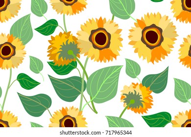 Autumn sunflower field. Seamless vector pattern with floral motifs inspired by folk art. Retro textile collection. On white background.