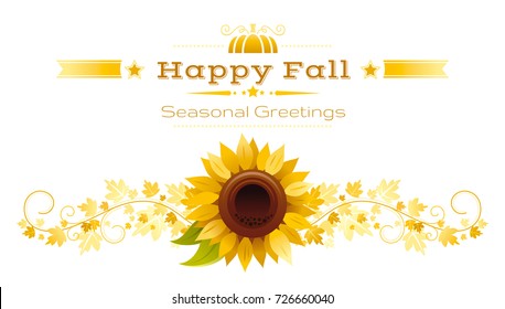 Autumn sunflower flower greeting card. Harvest festival poster. Fall party invitation border. Thanksgiving, gardening, harvest holiday, white background isolated, farm vector illustration.
