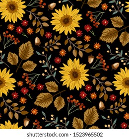 Autumn sunflowers with black background pattern. Maple leaves, sunflowers, flowers ditsy. Perfect for fall, Thanksgiving, holidays, fabric, textile. Seamless repeat swatch.