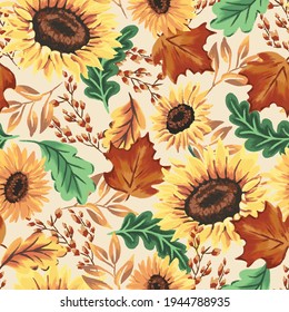 Autumn sunflowers with cream background pattern. Maple leaves, sunflowers, flowers ditsy. Perfect for fall, Thanksgiving, holidays, fabric, textile. Seamless repeat swatch.