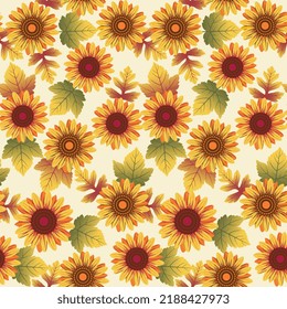 Autumn sunflowers with Ivory background pattern. Maple leaves, sunflowers.Perfect for fall and Thanksgiving. Seamless vector pattern