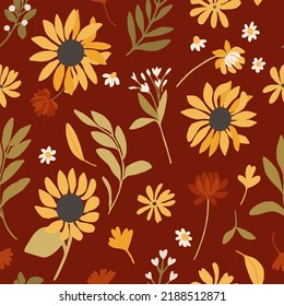 Autumn sunflowers with red background pattern. Maple leaves, sunflowers, flowers ditsy. Perfect for Fall, Thanksgiving, holidays, fabric, textile. Seamless repeat swatch. Vector flat cartoon style 