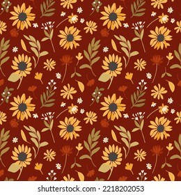 Autumn sunflowers with red background pattern. Maple leaves, sunflowers, flowers ditsy. Perfect for Fall, Thanksgiving, holidays, fabric, textile. Seamless repeat swatch. Vector flat cartoon style 