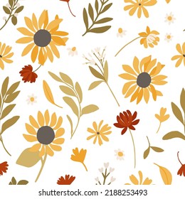 girasoles otoñales con un patrón de fondo blanco. Hojas de arce, girasoles, flores. Perfecto para otoño, día de Acción de Gracias, vacaciones, tela, textil. Vegetación repetida sin inconvenientes. Estilo de dibujos animados planos vectoriales 