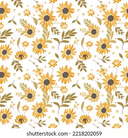 Autumn sunflowers with white background pattern. Maple leaves, sunflowers, flowers ditsy. Perfect for Fall, Thanksgiving, holidays, fabric, textile. Seamless repeat swatch. Vector flat cartoon style 