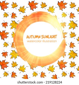Autumn sunlight. Watercolor illustration. Orange watercolor painted leaves vector greeting card template