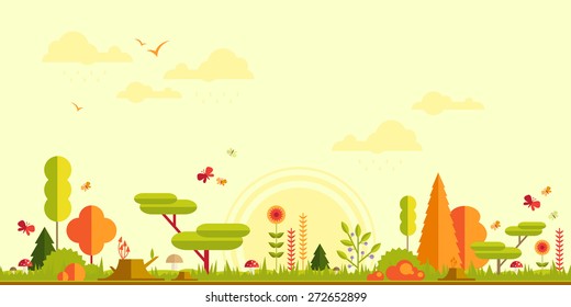 Autumn sunny day forest flat panorama background. Simple and cute landscape for app, web, game design.