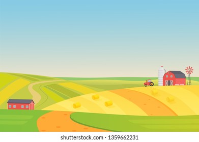 Autumn sunny eco harvesting farm landscape with agriculture vehicles, windmill, silage tower and hay. Colorful flat vector illustration.