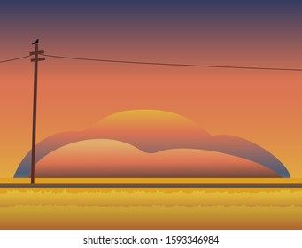 autumn sunset meadow with crow sitting on electric pole concept landscape, vector stock illustration
