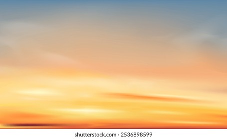 Autumn Sunset Sky background,Winter orange sunlight over beach in evening,Vector nature summer sunrise yellow sky and cloud  in morning, illustration cartoon Horizon Spring landscape sundown over sea 