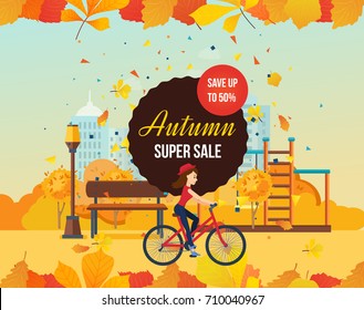 Autumn super sale background with colorful seasonal leaves. Special offers and discount systems. Autumn kids playground, entertainment in the form of horizontal bars and swings. Vector illustration.
