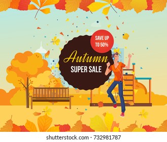 Autumn super sale background with colorful seasonal leaves. Special offers and discount systems. Autumn kids playground. Young man listens to music and dancing in the park. Vector illustration.