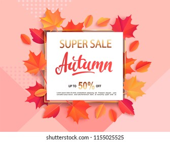 Autumn super sale banner in gold square frame surrounded by colorful autumn leaves on geometric background for fall season shopping promotion. Vector illustration.
