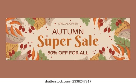 Autumn Super Sale horizontal banner template design with copy space. Frame with different leaves and berries on a twig. Marketing banner with an offer of a special price.