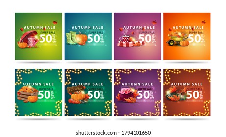 Autumn super sale, set of square colorful discount banners in modern style with falling maple leaves and autumn elements