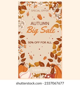 Autumn Super Sale vertical social media stories template design. Frame with different leaves branches, pumpkins and acorns, white berry on twig, copy space. Marketing banner with a discount