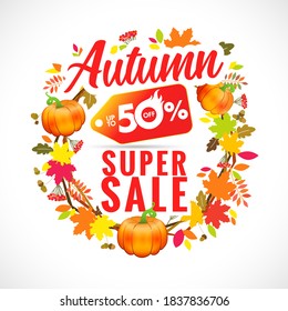 Autumn super sale with wreath pumpkin and leaf. Discount label hot sale in maple and oak foliage. Fall sale vector template banner up to 50% offer