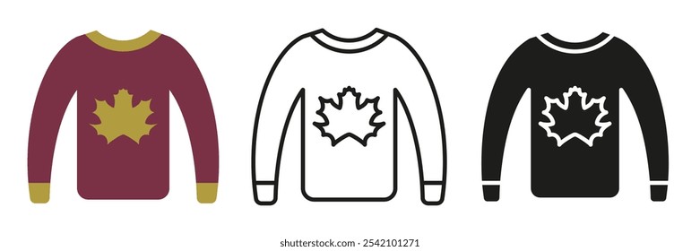 Autumn sweater with a maple leaf. Cozy pullover, knitwear. Warm clothes in different styles. EPS 10.