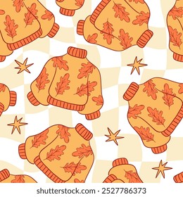 Autumn Sweater Seamless Pattern with Oak Leaves