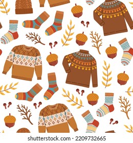 Autumn sweater socks acorn seamless pattern vector