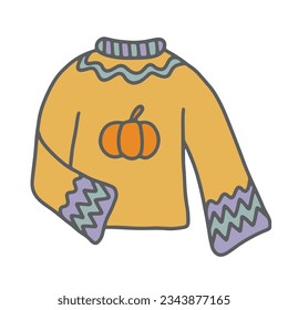 Autumn sweater vector illustration. Hand drawn groovy fall element in trendy vintage style isolated on white background. Hippie clothes with pumpkin print. Retro 70s nostalgia vibes graphic