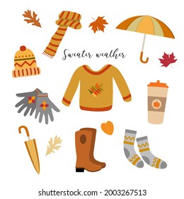 Autumn sweater weather illustration. Cute vector set: cozy sweater, cartoon umbrella, rubber boots, knitted scarf, wool hat, pumpkin coffee, dry leaves. Isolated on white background. Great for sticker