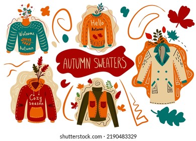 Autumn sweaters set in cartoon doodle style. Cozy seasonal hand drawn knitted cloth elements with leaves and lettering decoration. Isolated vector illustrations collection