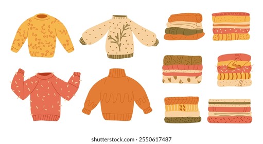 Autumn sweaters and stack of warm home textile and clothes set. Cozy apparel pack. Vector flat illustration isolated on white background.